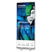 Bannerdisplay Roll-Up - ECO Bannermaß: 1.200x2.100mm mit Klemmleiste oben - inkl. gepolsterter - Roll-Up-ECO-Uebersicht