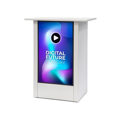 Digital Signage Promotiontheke Futuro 32" weiss für den Inneneinsatz - Größe: 32 Zoll - 4K UHD Farbe: weiss, mobil und zerlegbar - Digital Signage Promotiontheke Futuro 32 Zoll  ws Ansicht