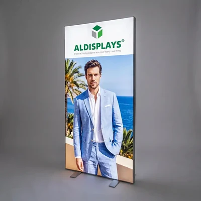 No-Frame Textilspannrahmen LED Mobil "Fold" Beidseitig - Format: 1.000 x 2.000 mm patentierter faltbarer Aluminiumrahmen - No-Frame Textilspannrahmen LED Mobil FOLD leuchtend.webp