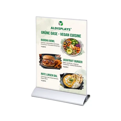 T-Aufsteller / Menükartenhalter - Hochformat Einlegeformat: DIN A4 (210x297 mm) Ausrichtung: Hochformat - T-Aufsteller _ Menükartenhalter DIN A4 Hochformat Karte.webp