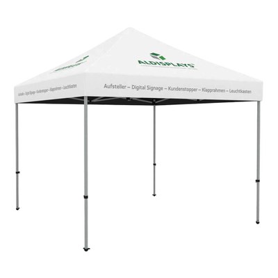 Promotionzelt 3x3m mit bedrucktem Dach Bestehend aus: 3x3m Aluminium Gestell, Transport- tasche mit Rollen, individuell bedrucktes Dach (B1) - Zelt Seite ALDISPLAYS