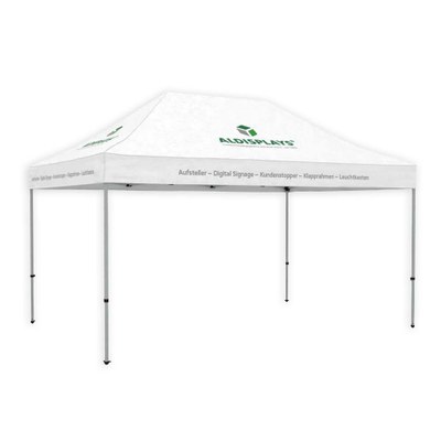 Promotionzelt 4,5x3m mit bedrucktem Dach Bestehend aus: 4,5x3m Aluminium Gestell, Transport- tasche mit Rollen, individuell bedrucktes Dach (B1) - Promotionzelt 4,5 x 3m
