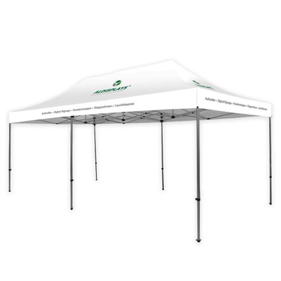 Promotionzelt 6x3m mit bedrucktem Dach Bestehend aus: 6x3m Aluminium Gestell, Transport- tasche mit Rollen, individuell bedrucktes Dach (B1) - Promotionzelt 6 x 3m