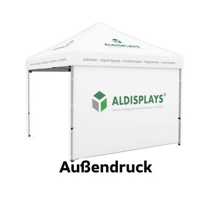 Promotionzelt Seitenwand 3m Außendruck Bedruckte Seitenwand (B1 mit versiegelten Nähten) mit seitlichen Reissverschlüssen und Klettstreifen, - 3m Aussendruck neu