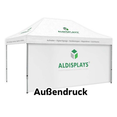 Promotionzelt Seitenwand 4,5m Außendruck Bedruckte Seitenwand (B1 mit versiegelten Nähten) mit seitlichen Reissverschlüssen und Klettstreifen, - Promotionzelt 4,5 x 3 Seiten Aussen Kopie