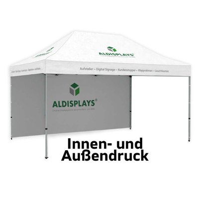 Promotionzelt Seitenwand 4,5m beidseitig Bedruckte Seitenwand (B1 mit versiegelten Nähten) mit seitlichen Reissverschlüssen und Klettstreifen, - Promotionzelt 4,5 x 3 Seite Innen und Aussen